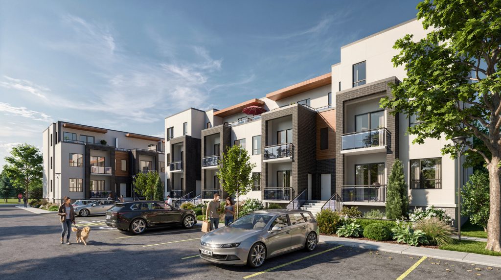 Forest Edge Place Buildings A and B courtyard with parking, landscaping, and residents walking a dog
