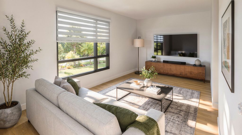 Forest Edge Place living room with sofa seating and large windows