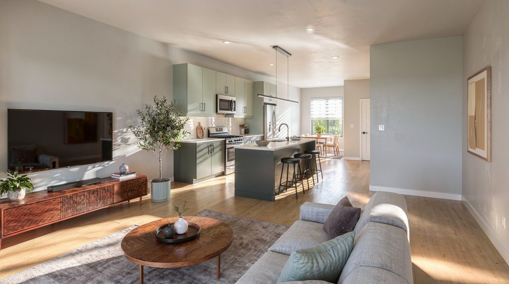 Forest Edge Place open-concept living room and kitchen with island seating