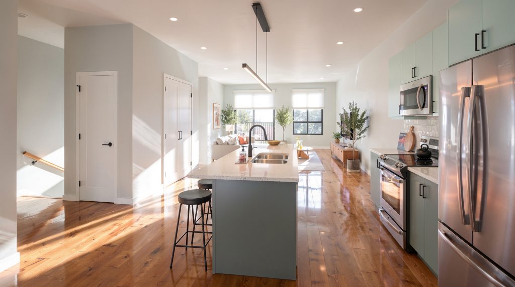 Forest Edge Place kitchen and entry hallway with hardwood floors and modern cabinetry