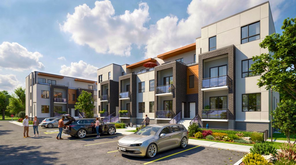 Buildings A and B at Forest Edge Place showing private walk-up entrances and landscaped front yards
