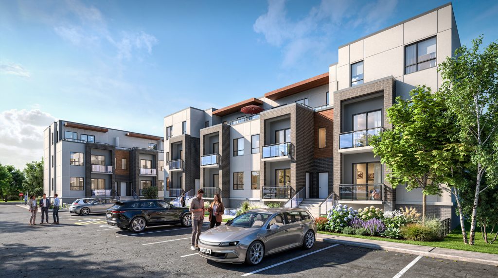 Elevated view of Forest Edge Place Buildings A and B with private rooftop terraces