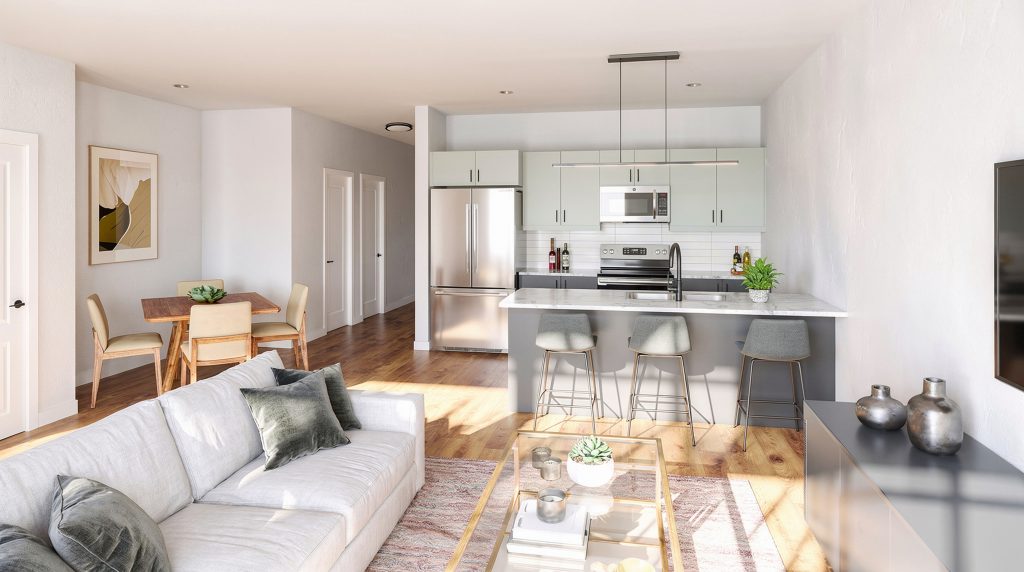 Forest Edge Place living room and kitchen filled with natural light