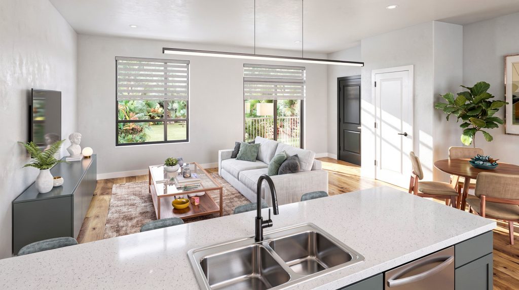 Forest Edge Place kitchen with stainless sink overlooking the living area