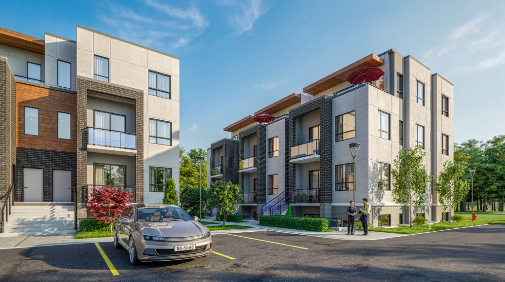Forest Edge Place Buildings B and C with accessible parking spaces and landscaped walkway