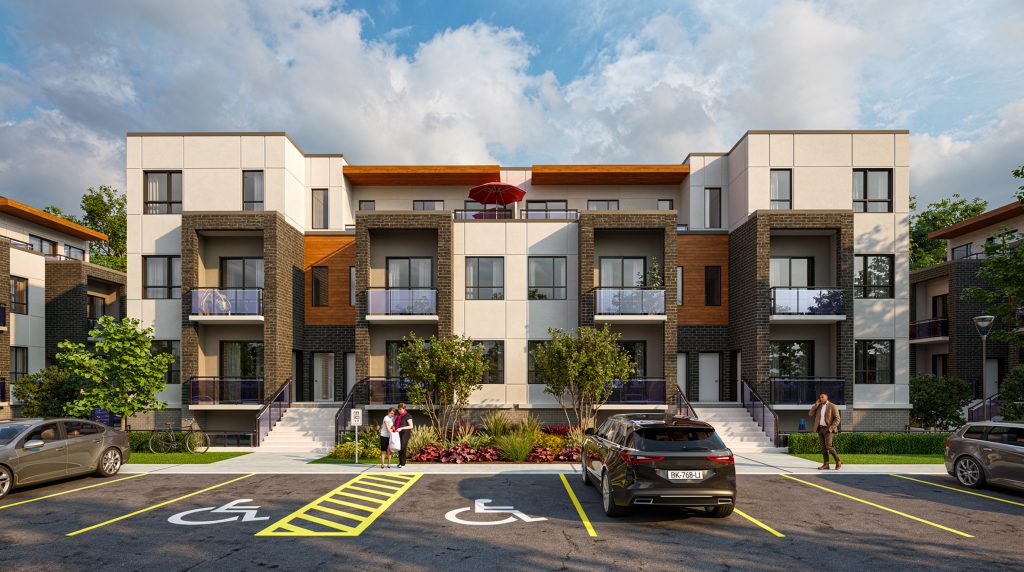 Building B at Forest Edge Place exterior at dusk with residents walking near entrance