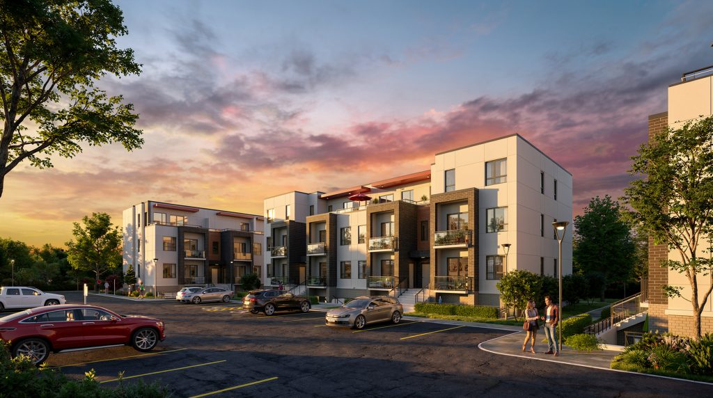 Aerial corner view of Forest Edge Place townhome community showing Buildings A, B, and C